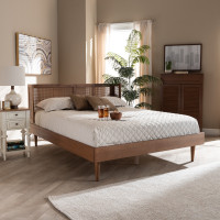 Baxton Studio MG97151-Ash Walnut Rattan-Full Rina Mid-Century Modern Ash Wanut Finished Wood and Synthetic Rattan Full Size Platform Bed with Wrap-Around Headboard